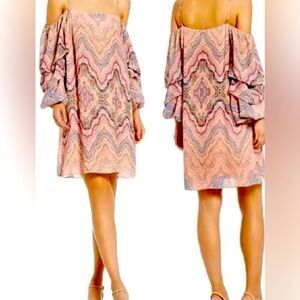 GIANNI BINI DREAM ON COLD SHOULDER PUFF SLEEVE MISTI ROSE SHIFT DRESS SZE S~NWT